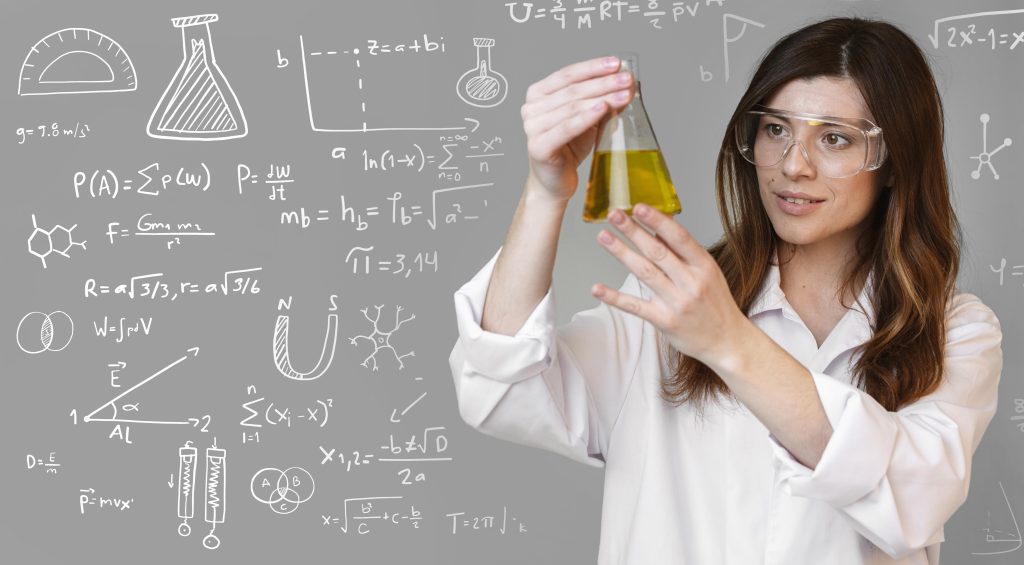 Gambar menunjukkan hubungan dengan jurusan kuliah sesuai mata pelajaran yaitu seorang yang memegang cairan kimia dan banyak rumus di belakang
